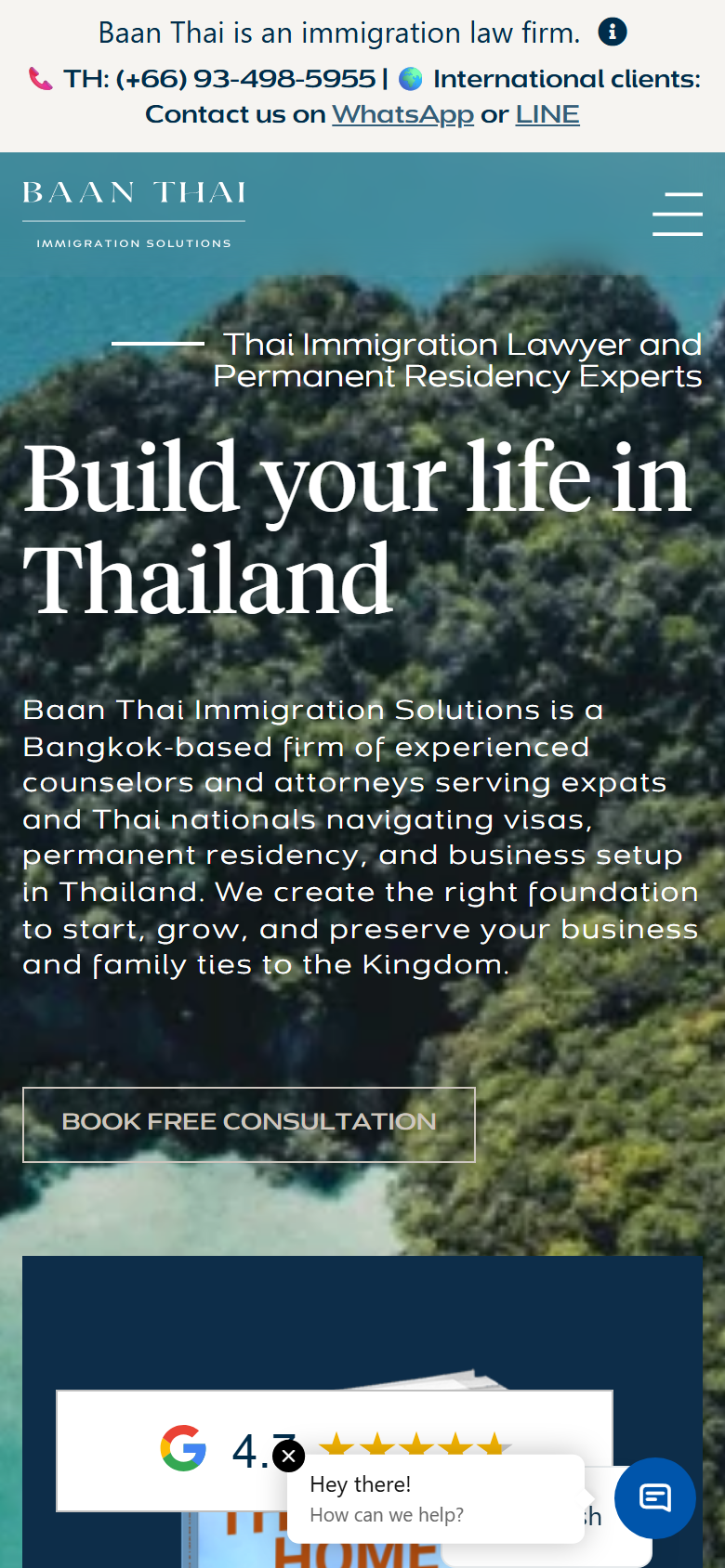 Baan Thai Immigration Solutions website on a phone